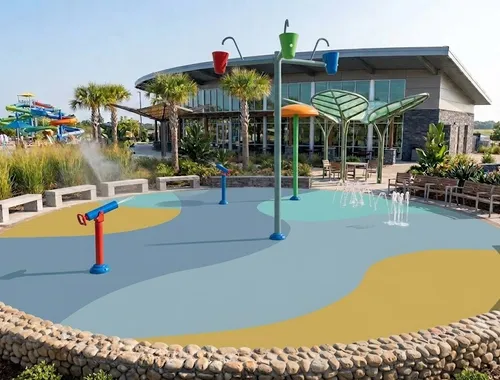 Commercial splash pad with colorful TPV rubber surfacing