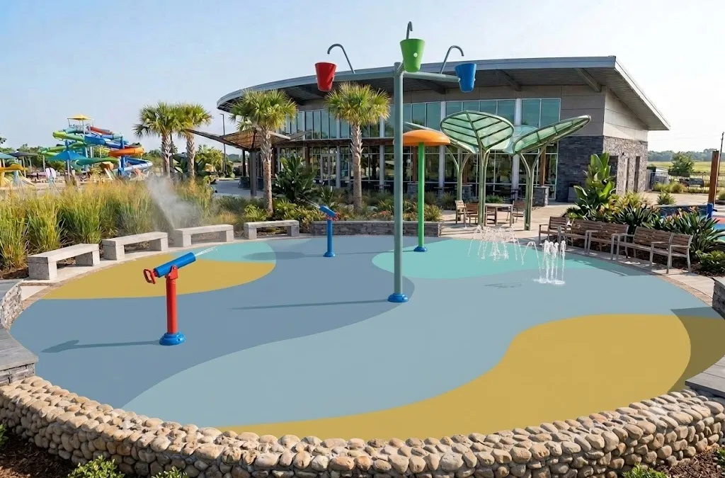Commercial splash pad with colorful TPV rubber safety surfacing