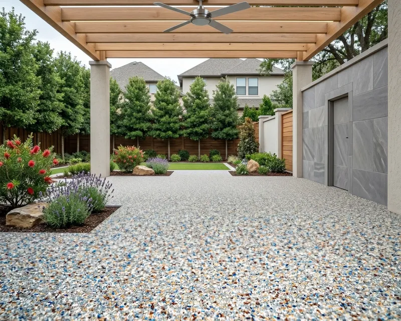 Covered backyard patio with speckled TPV rubber surfacing under a pergola