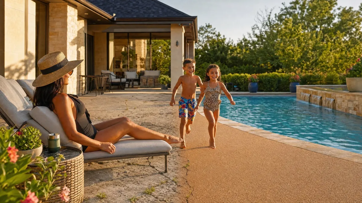 Pool deck showing cracked concrete beside newly installed seamless TPV rubber surfacing