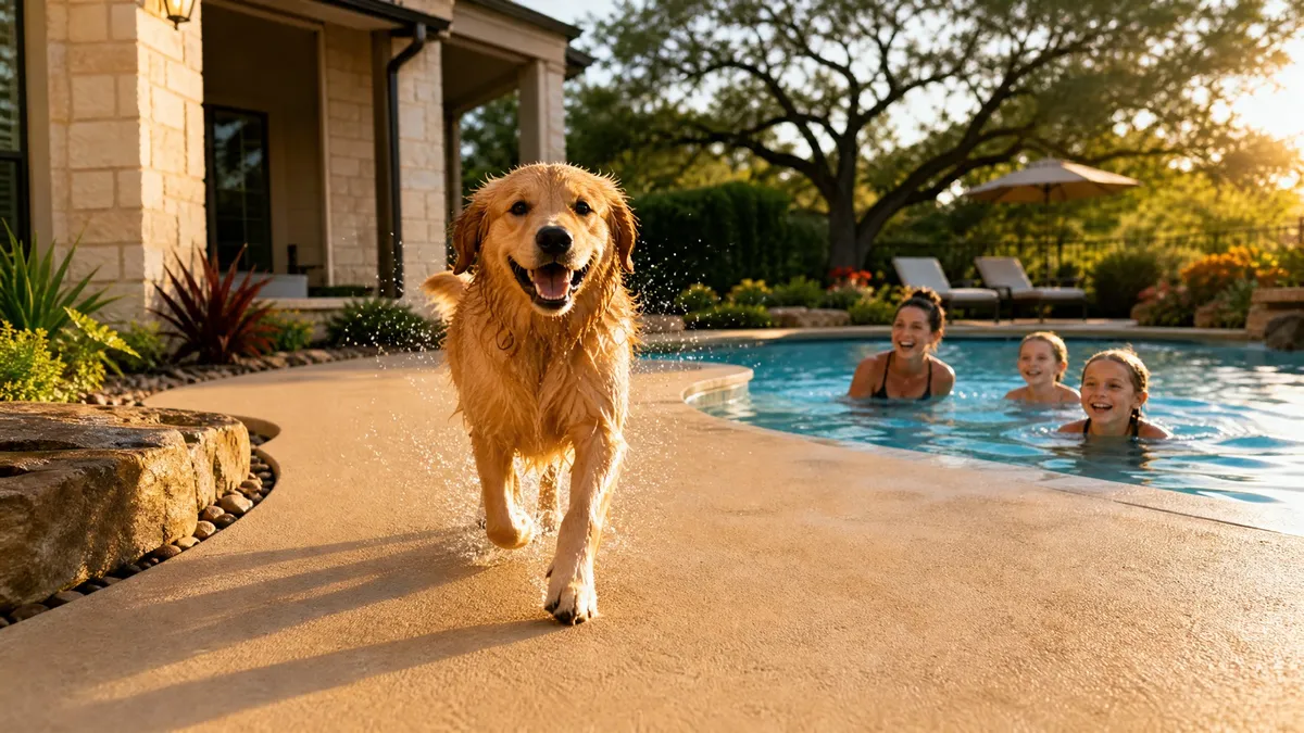 A wet golden retriever running across a warm-toned rubber pool deck while a family swims in the background