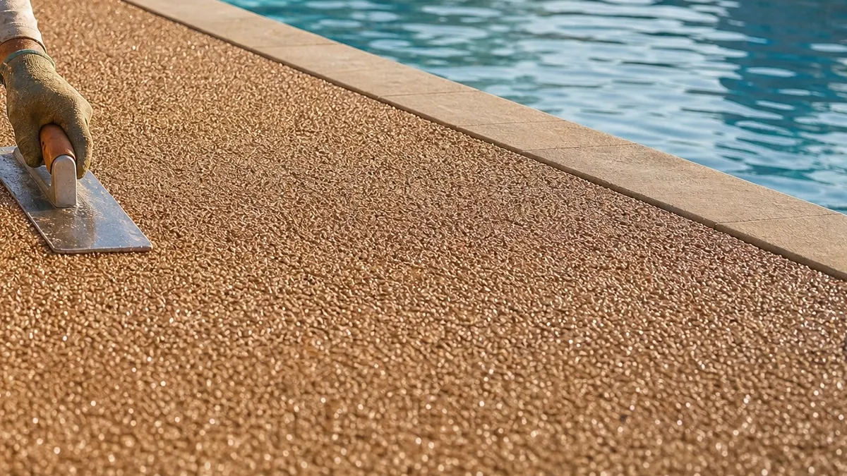 Close-up of a hand trowel smoothing fresh TPV rubber granules along a pool deck edge