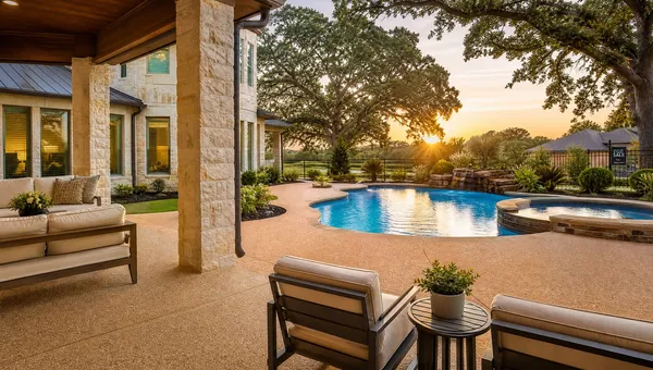 Luxury DFW backyard pool deck at sunset with a For Sale sign visible in the neighboring yard