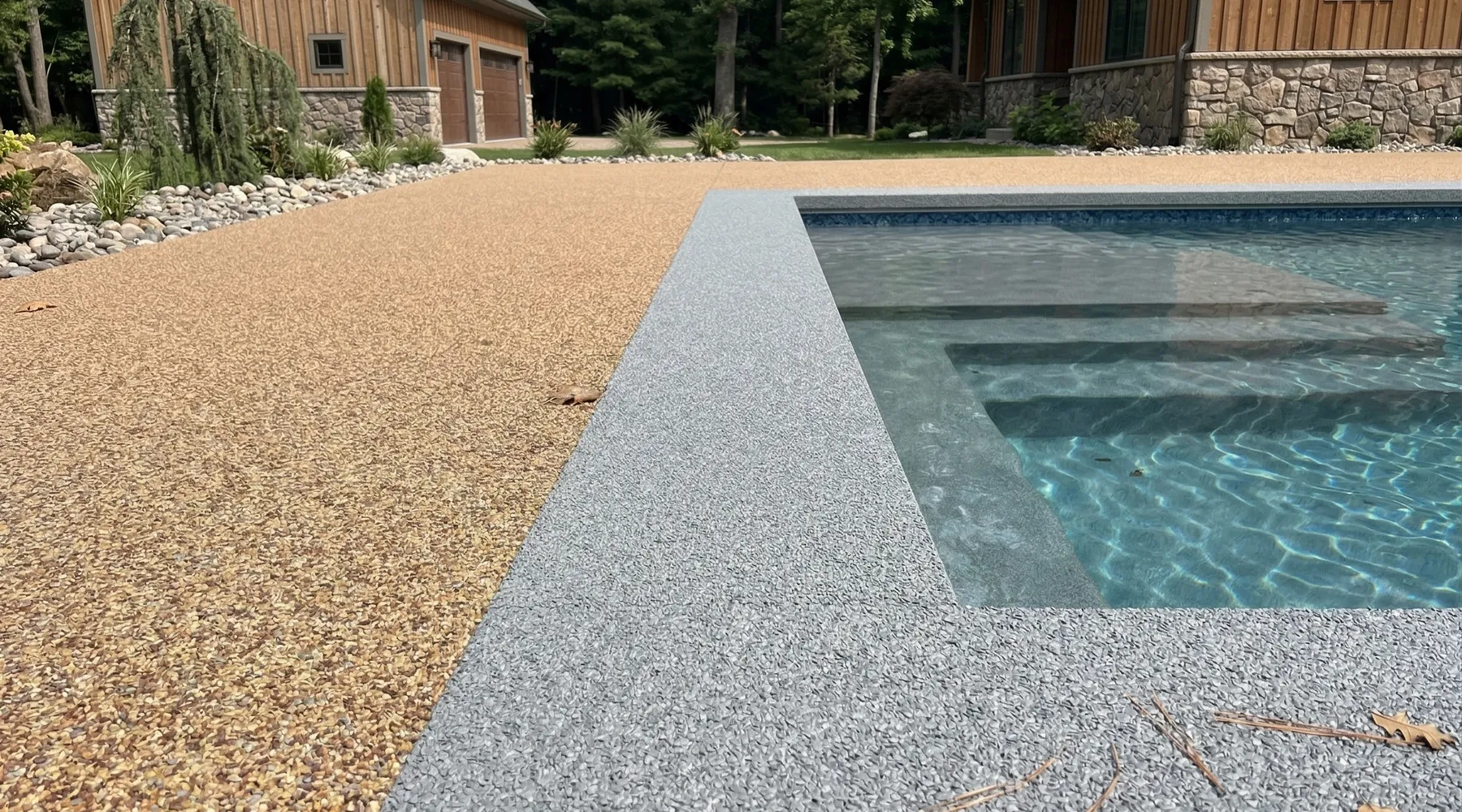 TPV rubber pool deck surfacing with a custom two-tone border for a Parker, TX backyard pool